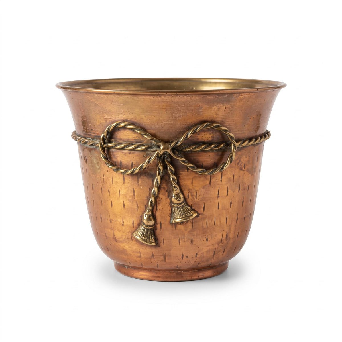 Copper-Tone Metal Cachepot with Brass-Tone Rope Bow and Tassels, Hammered Texture, Flared Rim Planter