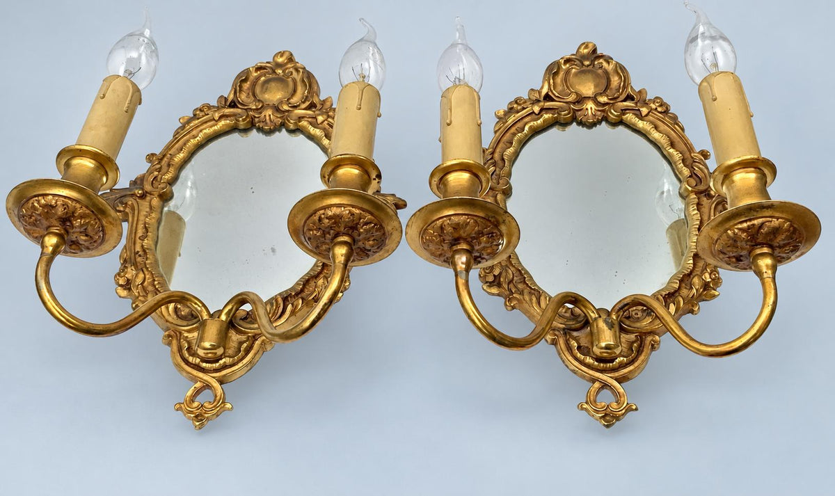 Vintage Pair of Rococo Style Mirror Wall Sconces, Gilt Metal Cartouche Frames with Two Lights Each, 33 cm