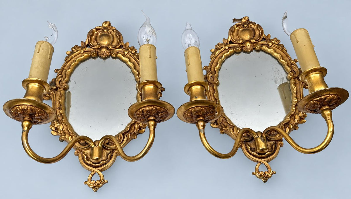 Vintage Pair of Rococo Style Mirror Wall Sconces, Gilt Metal Cartouche Frames with Two Lights Each, 33 cm