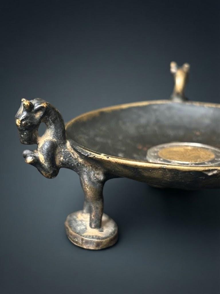 Small Patinated Metal Trinket Dish on Three Horned Animal Figure Legs, Mid-Century Style Ring and Jewelry Dish