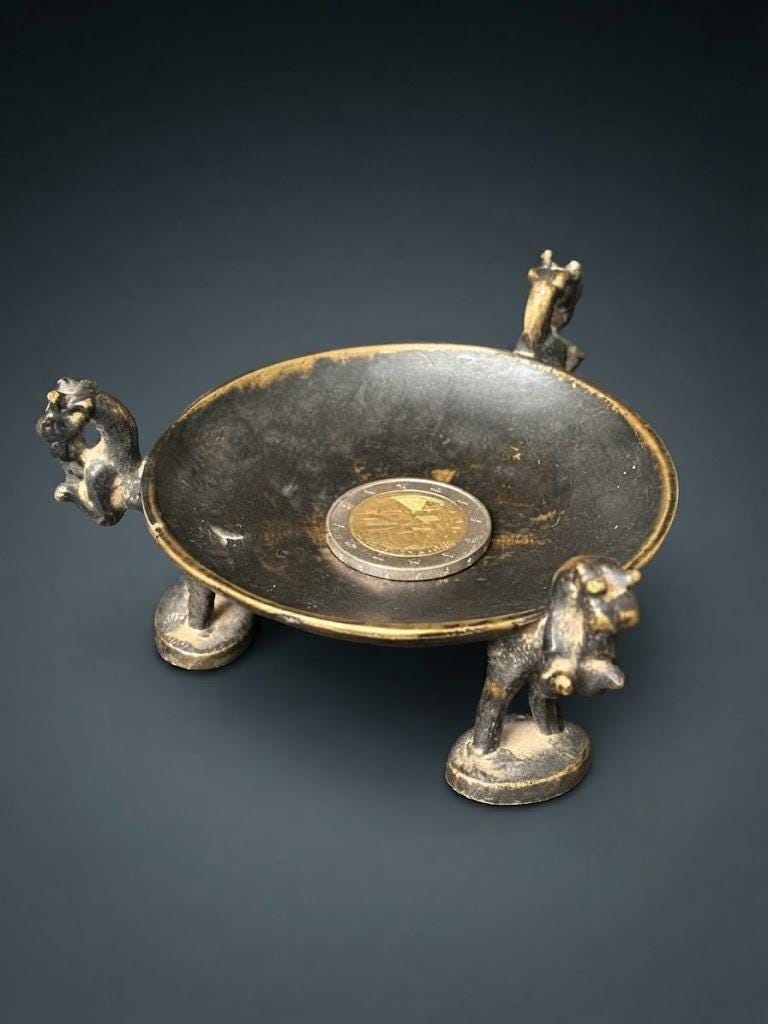 Small Patinated Metal Trinket Dish on Three Horned Animal Figure Legs, Mid-Century Style Ring and Jewelry Dish