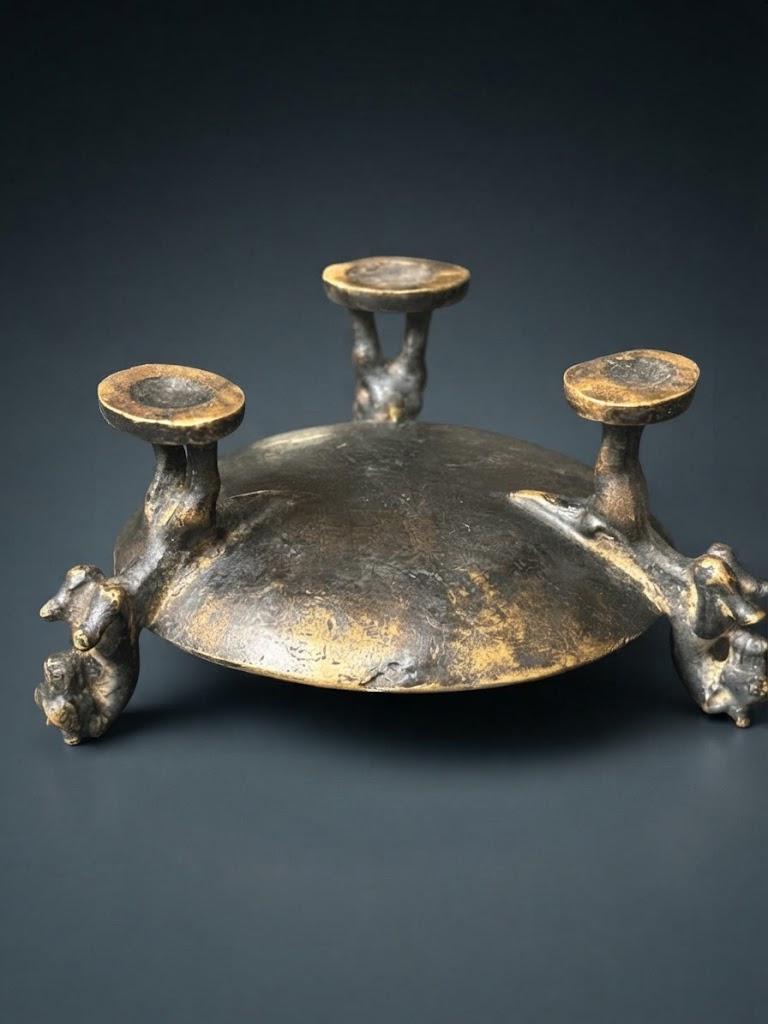Small Patinated Metal Trinket Dish on Three Horned Animal Figure Legs, Mid-Century Style Ring and Jewelry Dish