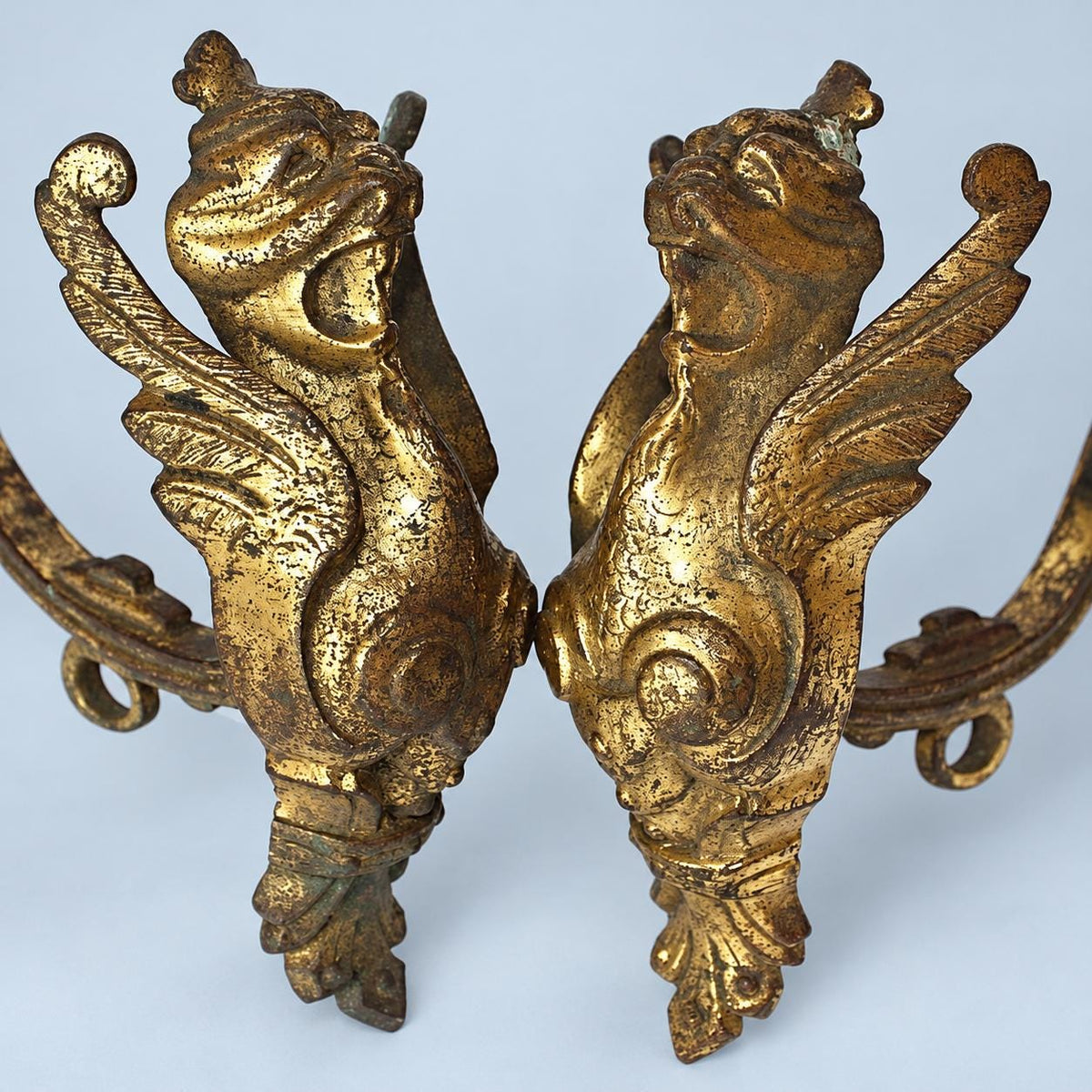 Vintage Pair of Gilt Metal Curtain Tiebacks with Winged Lion Heads, Scrolled Holdback Arms, 24 cm