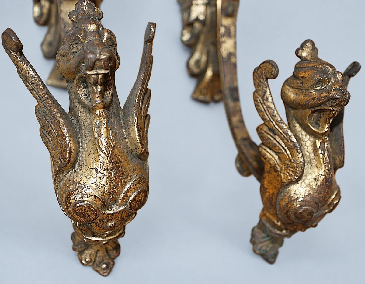 Vintage Pair of Gilt Metal Curtain Tiebacks with Winged Lion Heads, Scrolled Holdback Arms, 24 cm