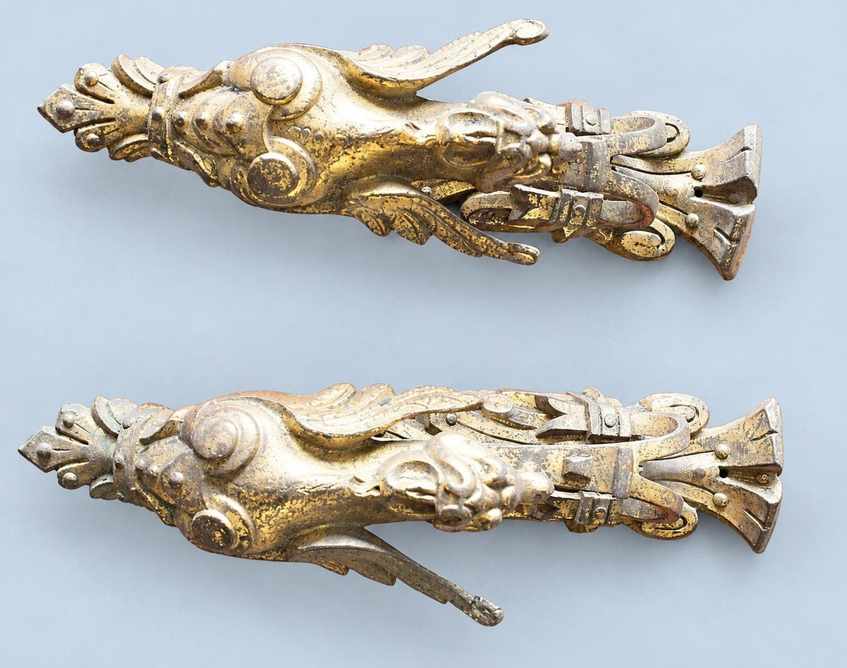 Vintage Pair of Gilt Metal Curtain Tiebacks with Winged Lion Heads, Scrolled Holdback Arms, 24 cm