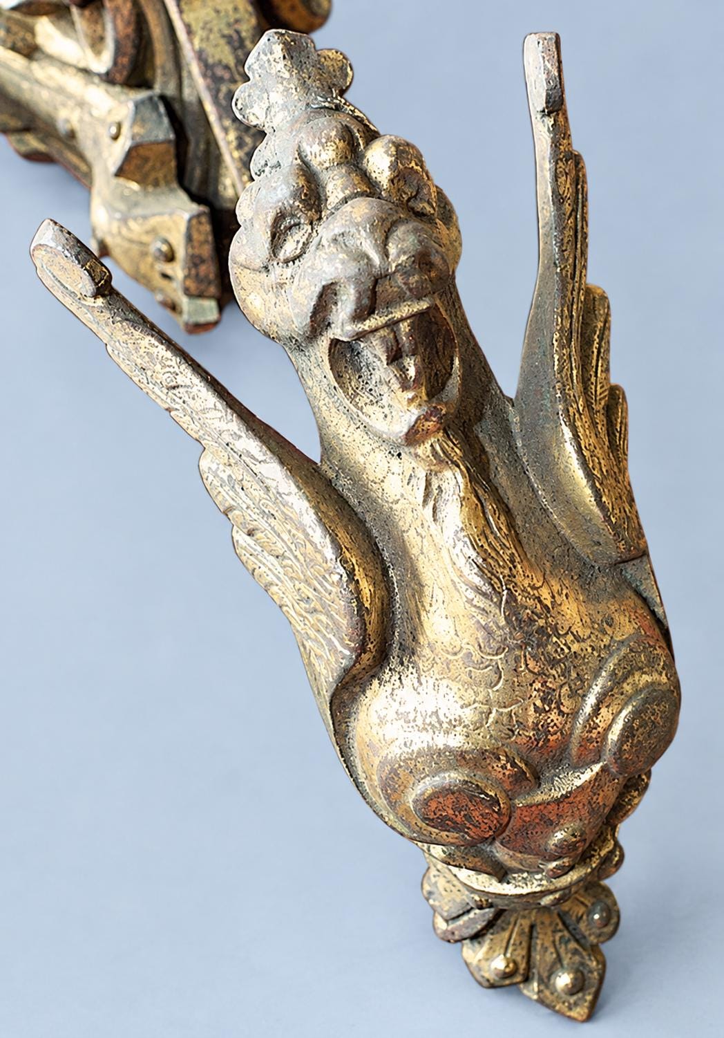 Vintage Pair of Gilt Metal Curtain Tiebacks with Winged Lion Heads, Scrolled Holdback Arms, 24 cm