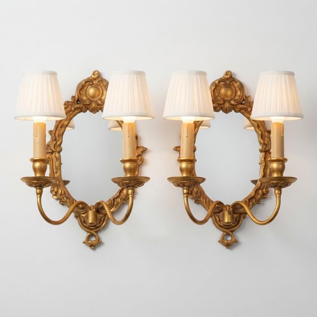 Vintage Pair of Rococo Style Mirror Wall Sconces, Gilt Metal Cartouche Frames with Two Lights Each, 33 cm