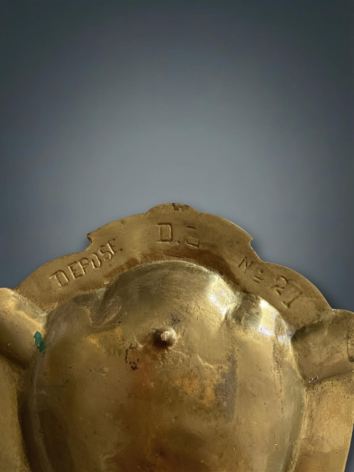 Brass-Tone Peacock Trinket Dish and Ashtray, Shield-Shaped with Scroll Border and Relief Tail Feathers, Art Nouveau Style