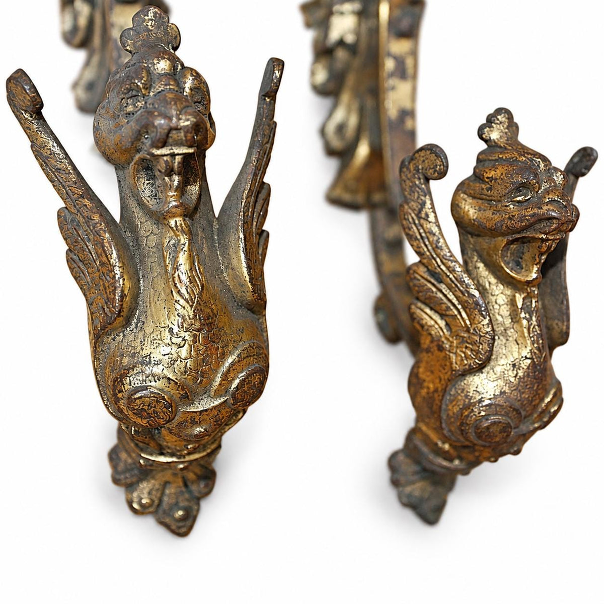 Vintage Pair of Gilt Metal Curtain Tiebacks with Winged Lion Heads, Scrolled Holdback Arms, 24 cm