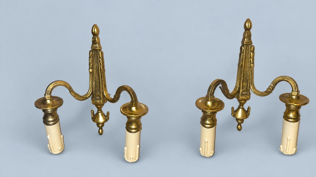 Vintage Pair of Louis XVI Style Wall Sconces, Gilt Metal Tapering Backplates with Draped Urn Finials and Acorn Drops, Two Lights Each