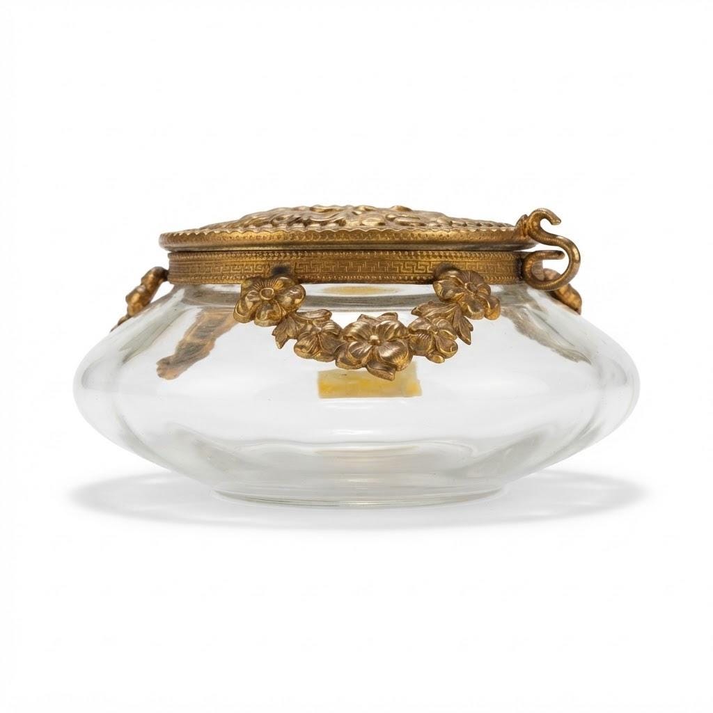 Vintage Glass Powder Box with Gilt Metal Mounts and Painted Porcelain Medallion Lid, Flower Garlands, Attributed Late 19th Century, 12 cm