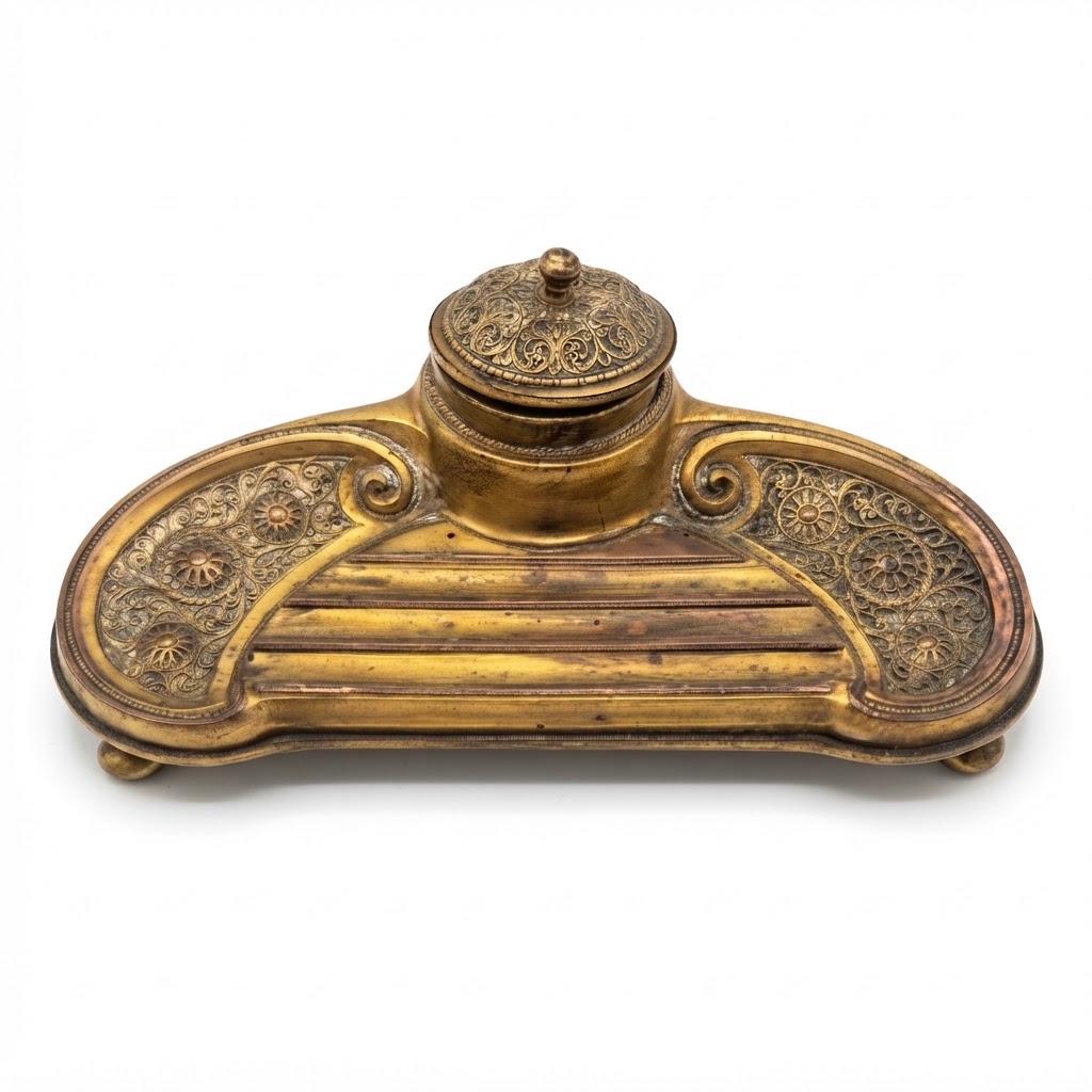Vintage Art Nouveau Jugendstil Desk Inkwell, Gilt Metal Pen Tray with Filigree-Pattern Panels and Domed Lid, 20 cm