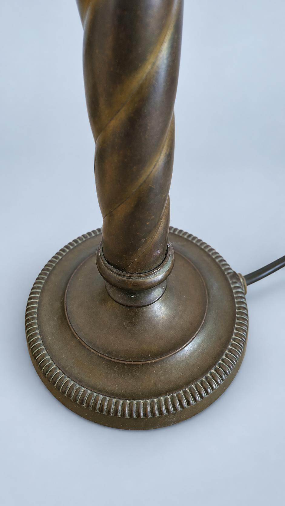 Vintage Pair of Twist-Column Candlestick Table Lamps, Patinated Metal with Gadrooned Bases and Candle Sleeves, Sold Without Shades, 38 cm