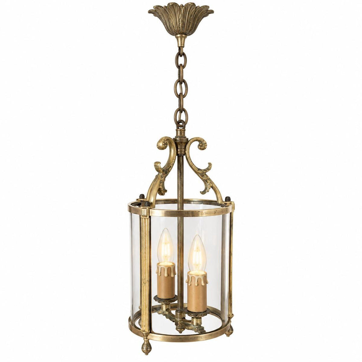 Vintage Louis XVI Style Hall Lantern, Gilt Metal with Three Curved Glass Panels, Fluted Uprights and Acanthus Arms, Two Lights, 30 cm