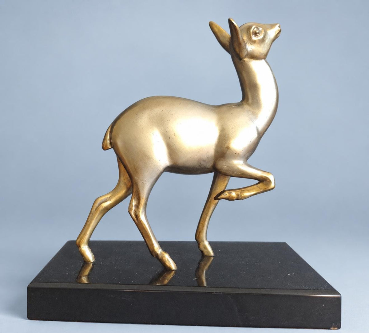 Vintage Art Deco Style Doe Statuette, Gilt Metal Fawn Looking Upward on Black Marble Base, 21 cm