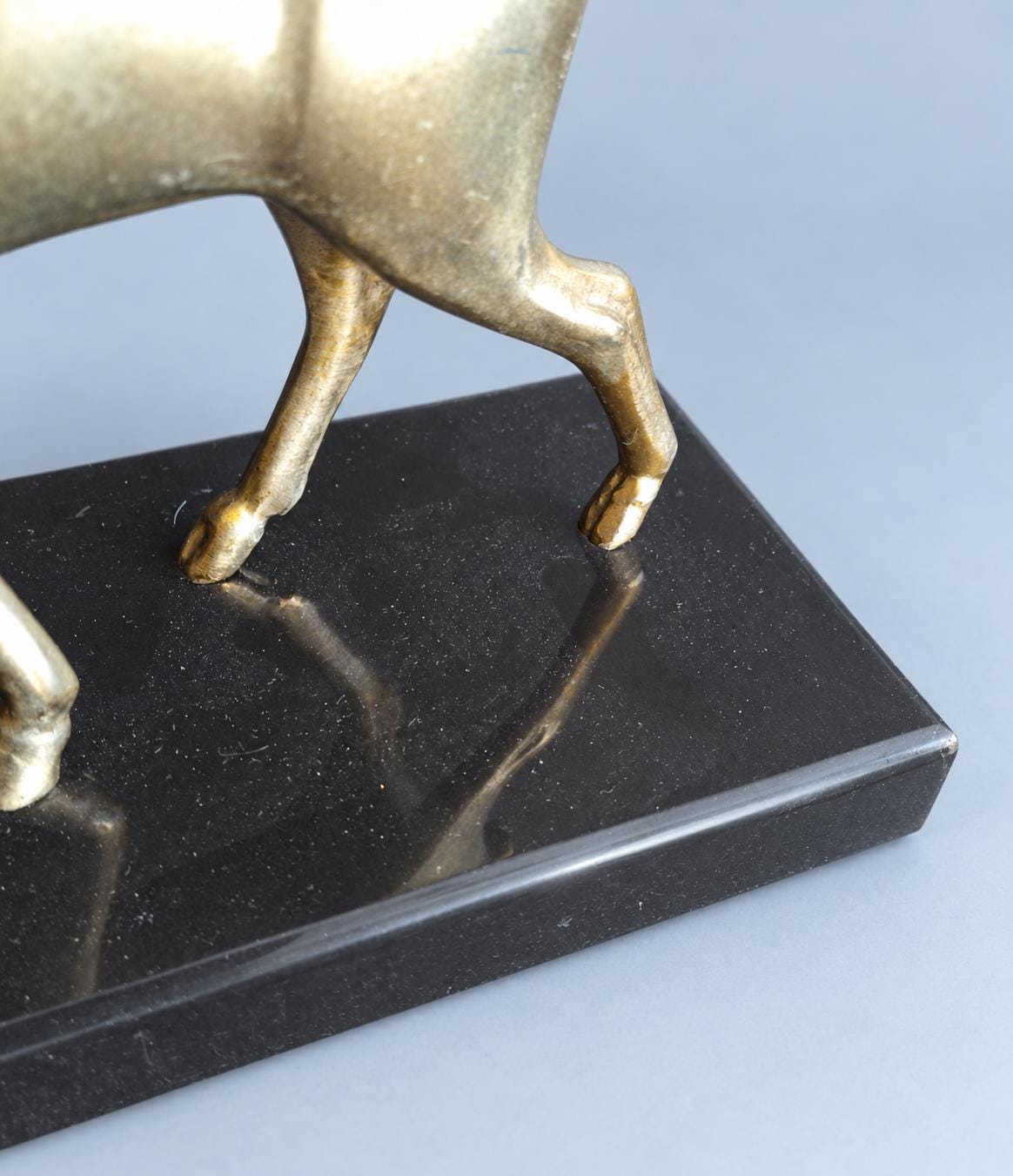 Vintage Art Deco Style Doe Statuette, Gilt Metal Fawn Looking Upward on Black Marble Base, 21 cm