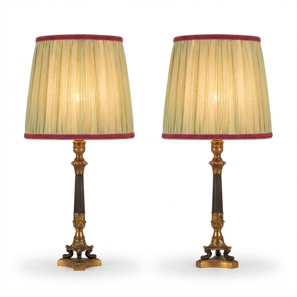 Vintage Pair of Empire Style Column Table Lamps, Dark Patinated and Gilt Metal on Lion Paw Tripod Bases, with Pleated Shades, 35 cm