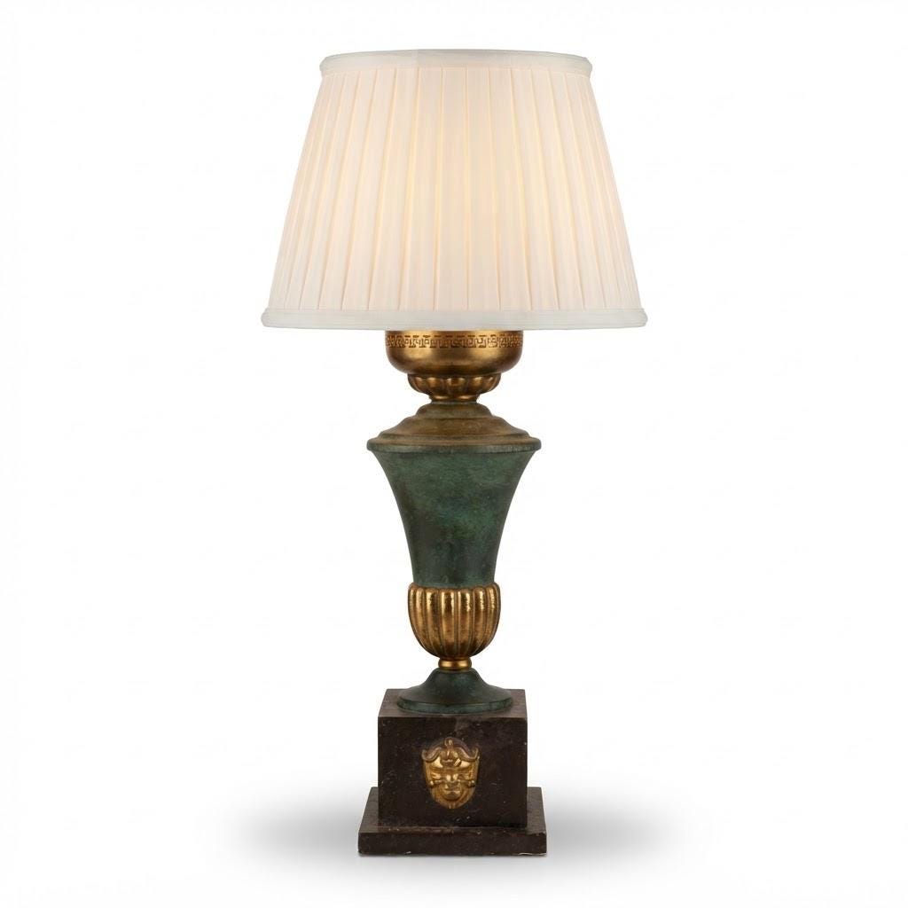 Vintage Empire Style Table Lamp, Attributed 1940s–50s, Green Lacquered Urn with Gilt Gadroons, Greek Key Gallery and Lion Mask Base, 30 cm