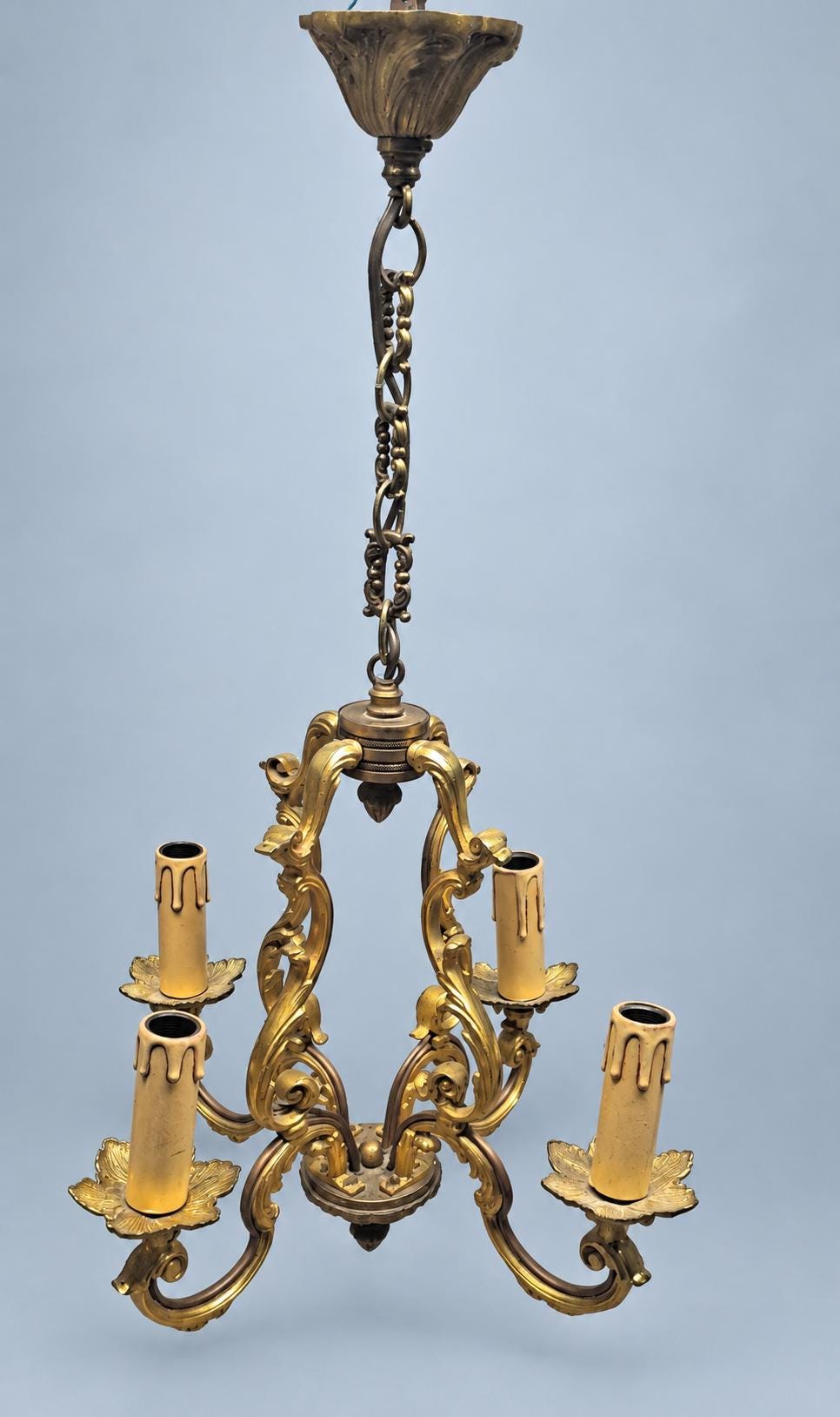 Vintage Louis XV Style Cage Chandelier, Gilt Metal with Shell Motifs and Scrolled Uprights, Four Lights, Chain and Canopy