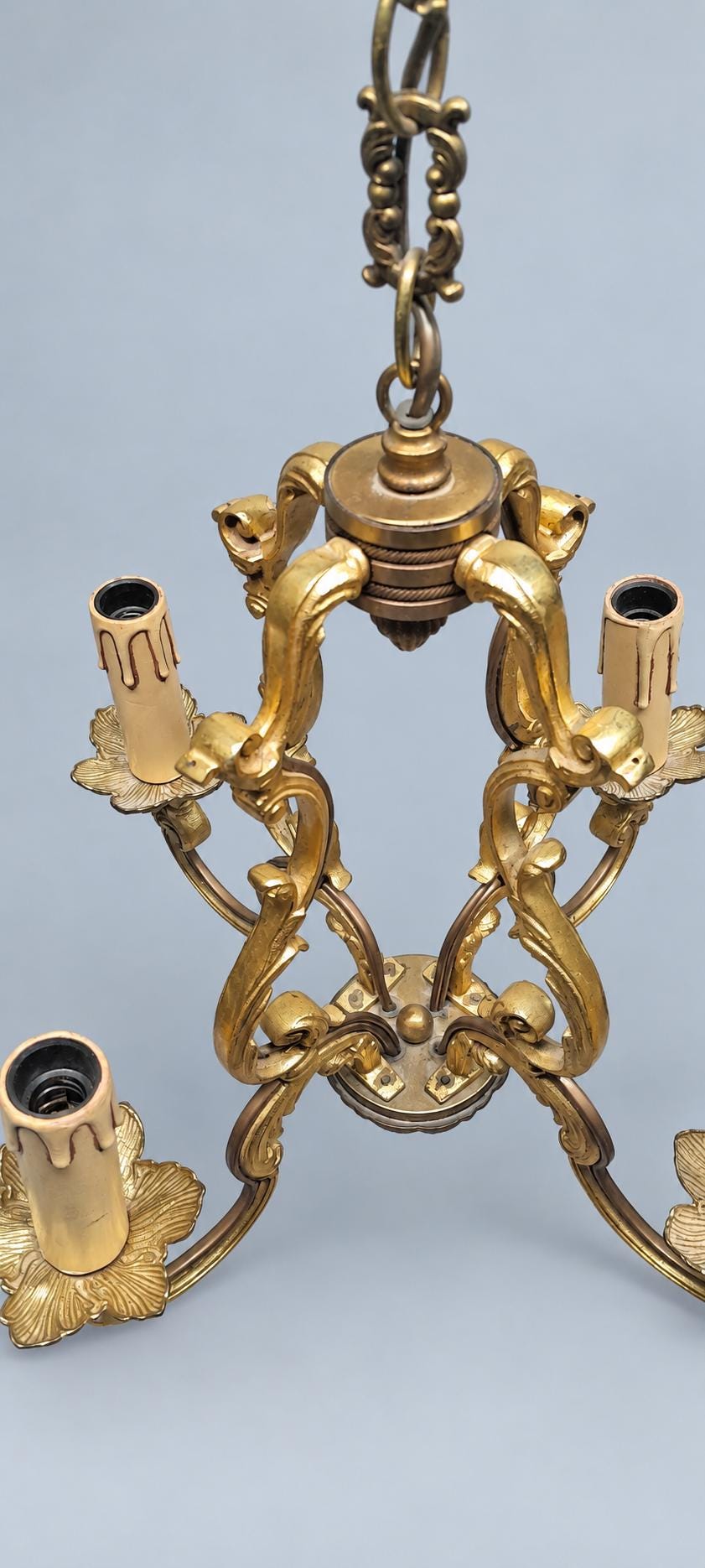 Vintage Louis XV Style Cage Chandelier, Gilt Metal with Shell Motifs and Scrolled Uprights, Four Lights, Chain and Canopy