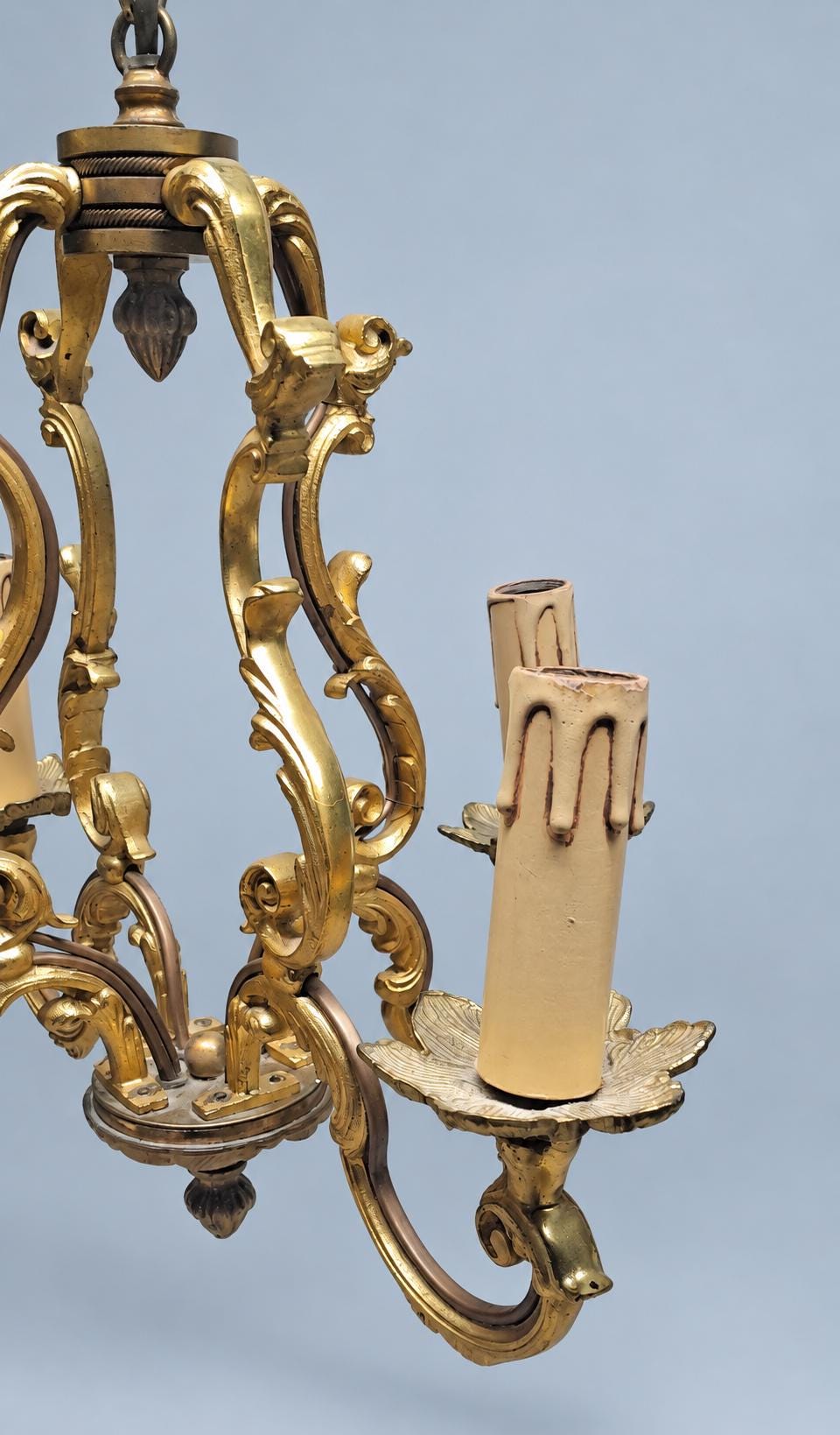 Vintage Louis XV Style Cage Chandelier, Gilt Metal with Shell Motifs and Scrolled Uprights, Four Lights, Chain and Canopy