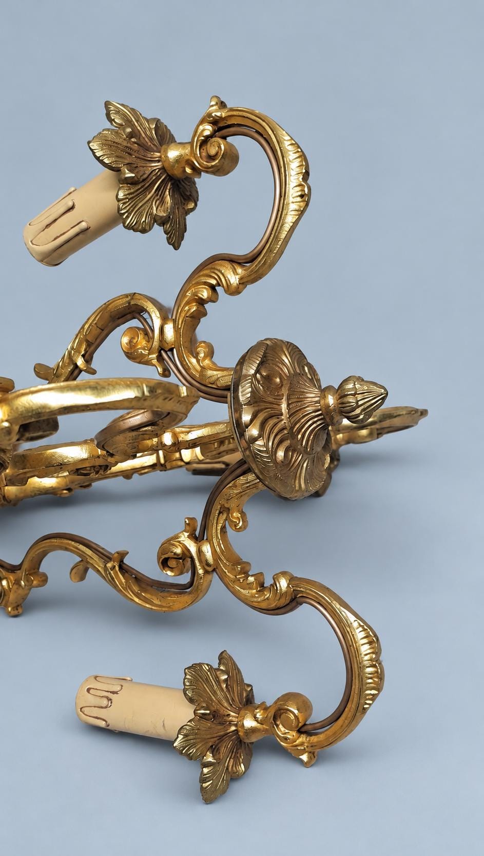 Vintage Louis XV Style Cage Chandelier, Gilt Metal with Shell Motifs and Scrolled Uprights, Four Lights, Chain and Canopy