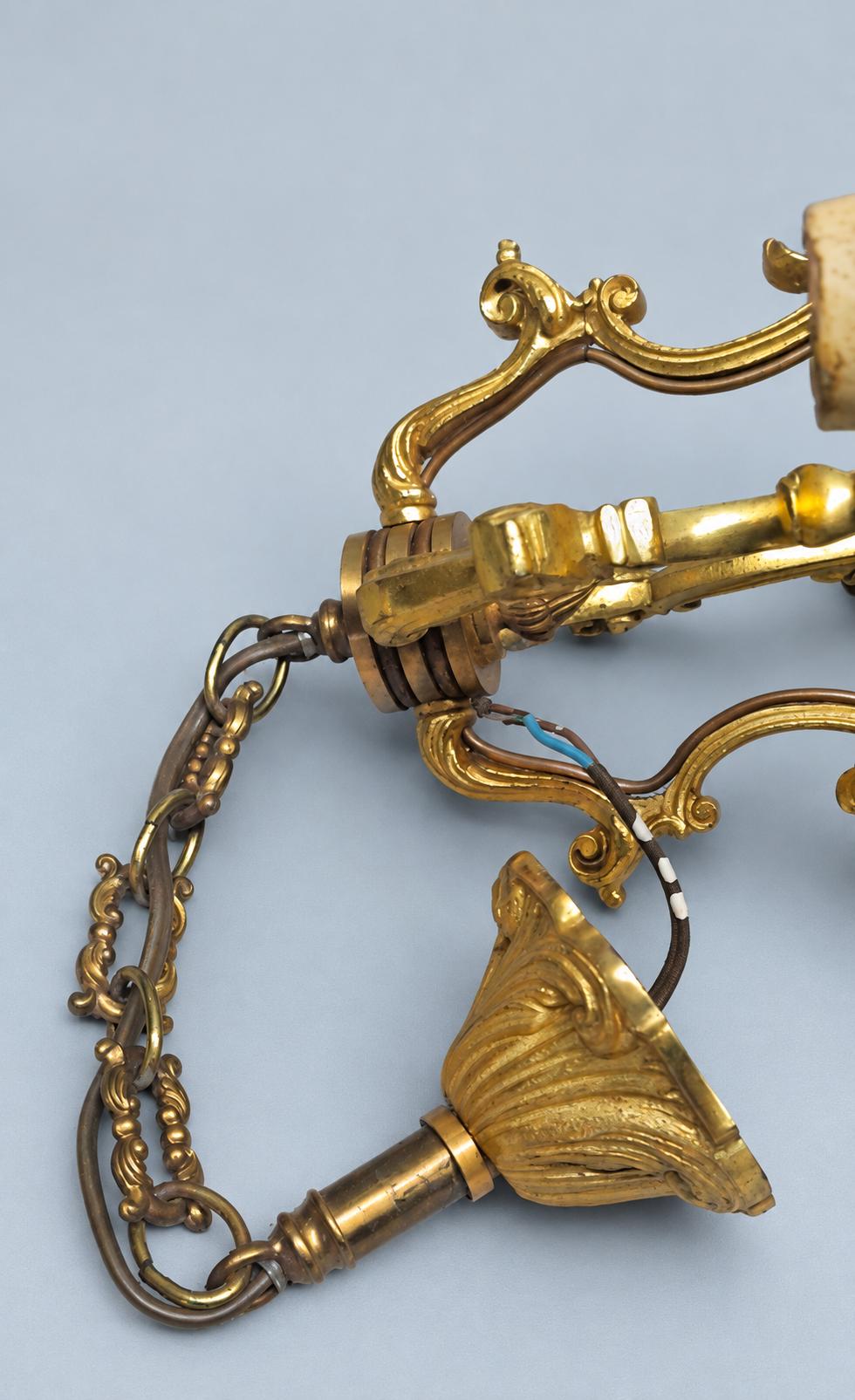 Vintage Louis XV Style Cage Chandelier, Gilt Metal with Shell Motifs and Scrolled Uprights, Four Lights, Chain and Canopy