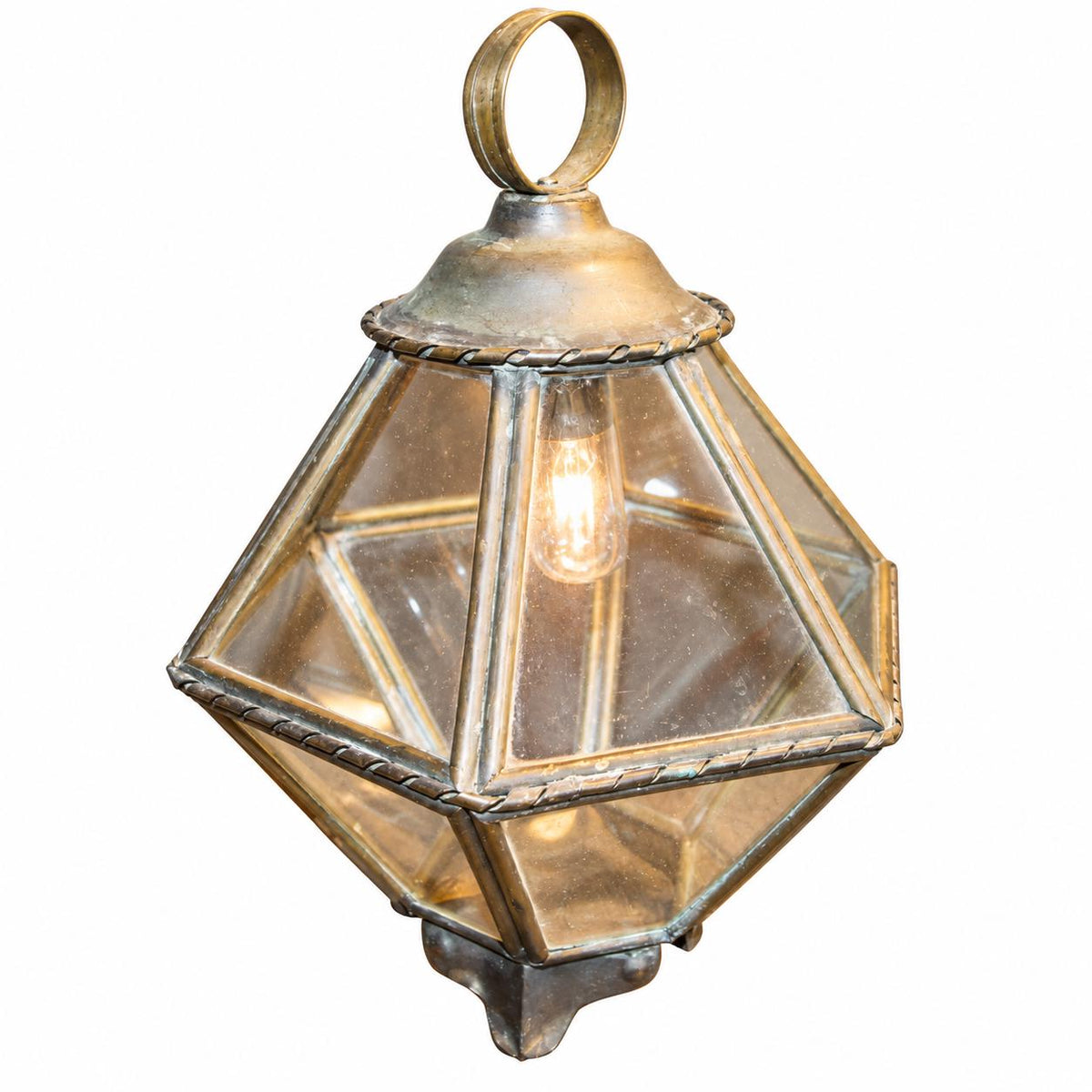 Vintage Small Hexagonal Brass Hall Lantern, Faceted Glass Diamond Shape with Rope-Twist Borders, Single Light, 32 cm