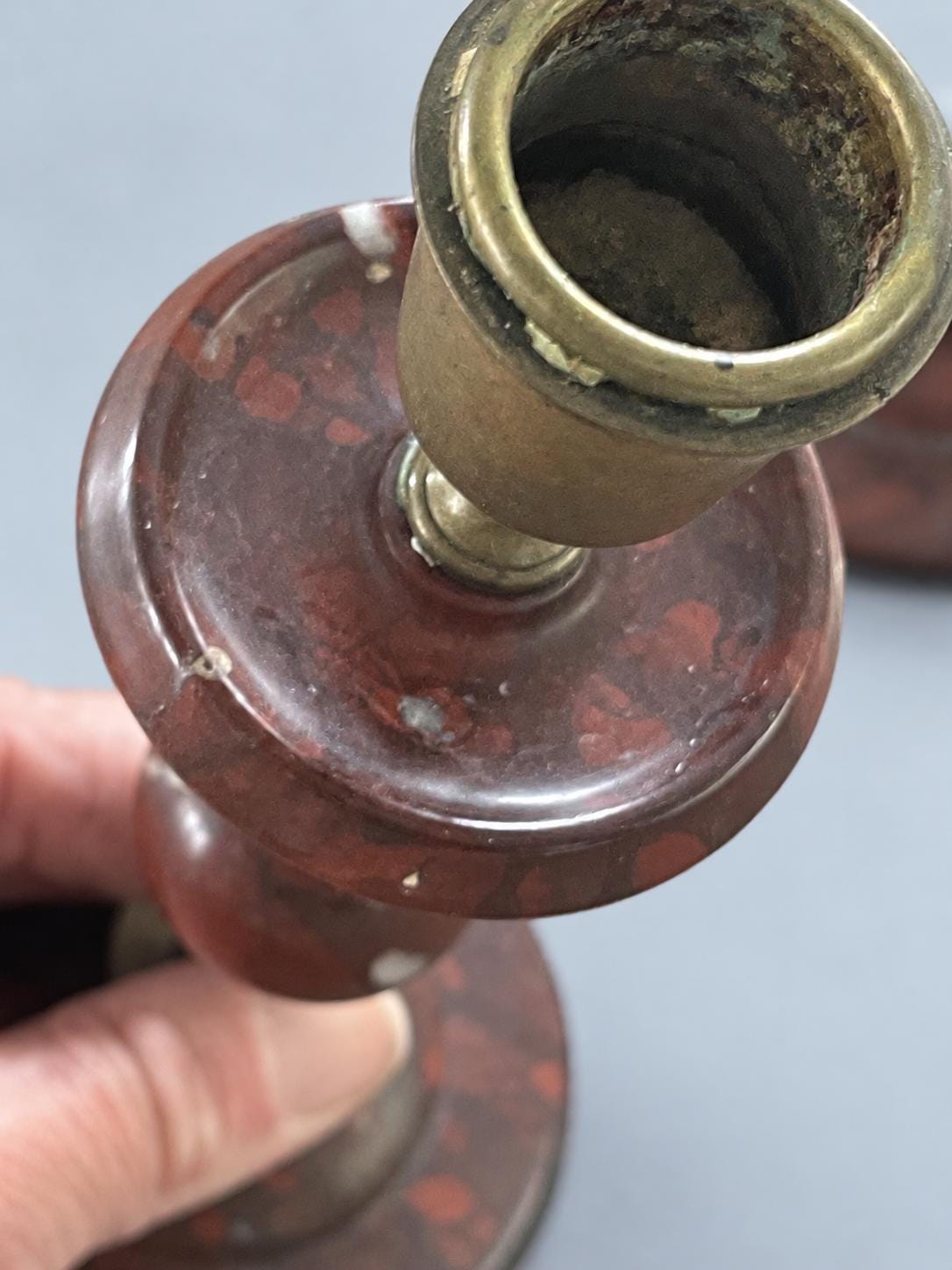 Vintage Pair of Red Marble and Brass-Tone Metal Candlesticks, Ball Knop and Domed Base, Attributed 19th Century, 21.5 cm