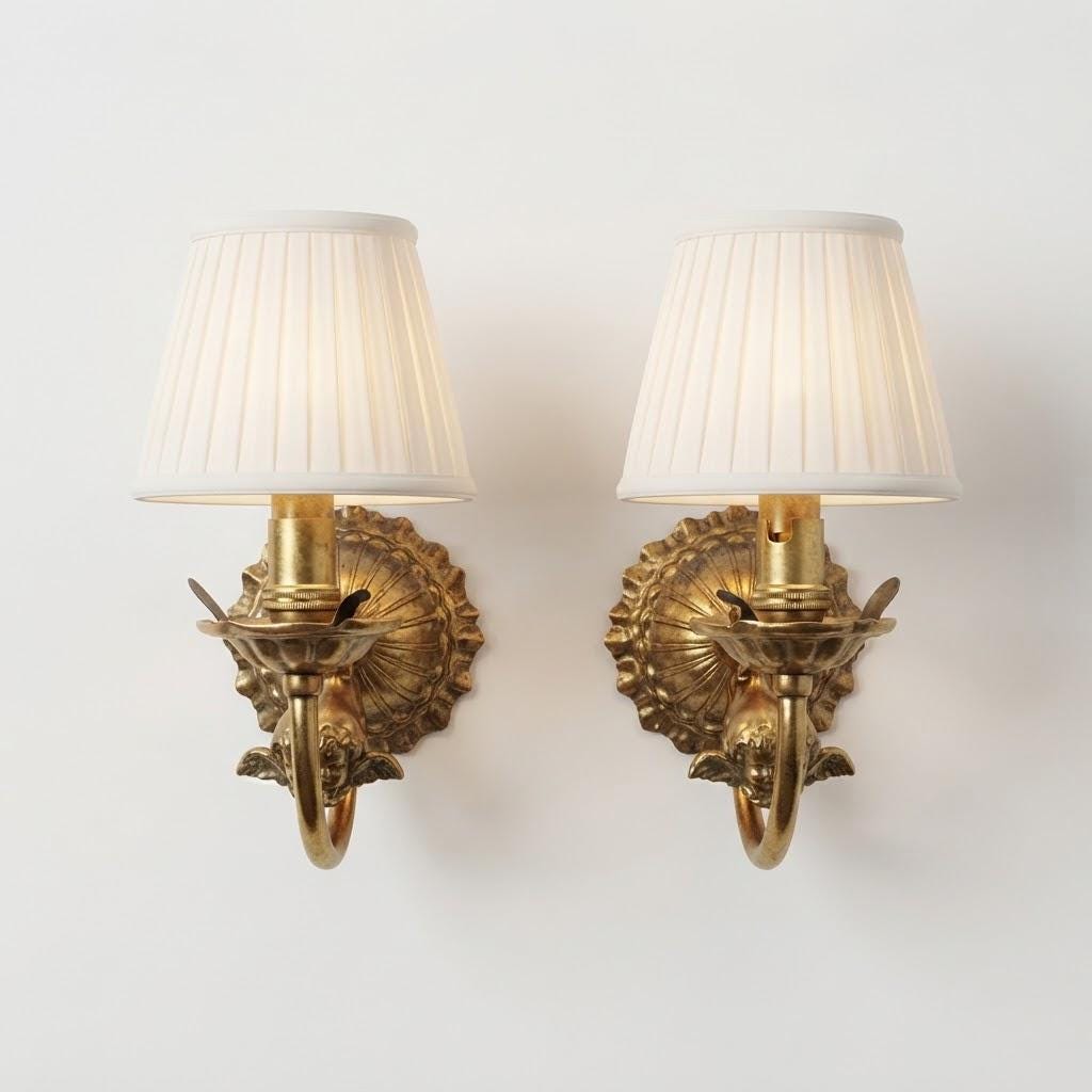 Vintage Pair of Gilt Metal Wall Sconces, Attributed 20th Century, Fluted Rosette Backplates and Leafy Arms, Shade-Holder Prongs