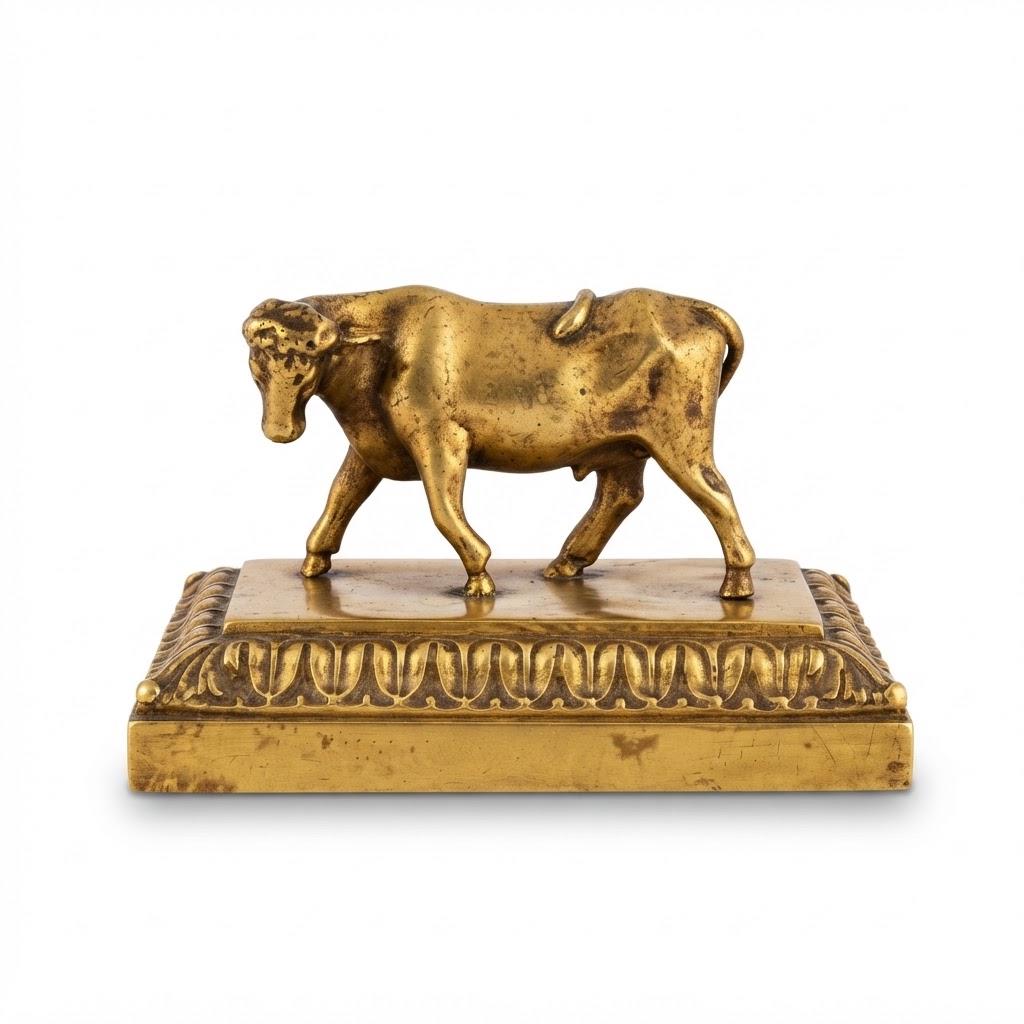 Vintage Small Animalier Cow Sculpture on Leaf-Moulded Base, Gold-Tone Metal, Attributed 19th–20th Century, 10.4 cm