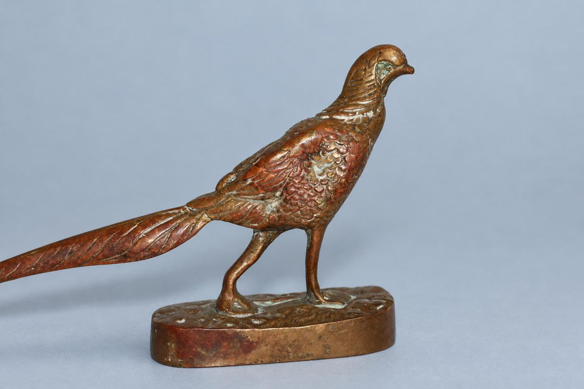 Vintage Pheasant Sculpture with Long Sweeping Tail, Patinated Metal on Oval Base, Animalier Style, Attributed Late 19th Century–c. 1900