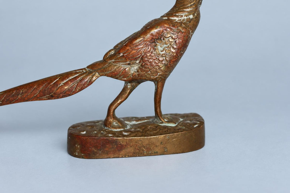 Vintage Pheasant Sculpture with Long Sweeping Tail, Patinated Metal on Oval Base, Animalier Style, Attributed Late 19th Century–c. 1900
