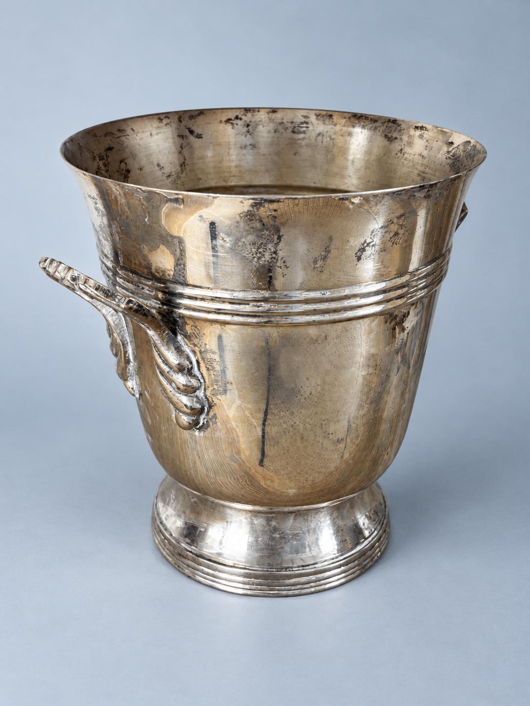Vintage Silver-Tone Ice Bucket with Side Handles, Small Footed Wine Cooler with Ribbed Band, Bar Cart Decor, 16 cm
