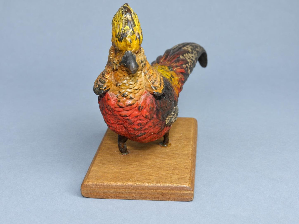 Vintage Cold-Painted Metal Golden Pheasant Figure in the Viennese Tradition, Remounted on Wooden Base, 20 cm