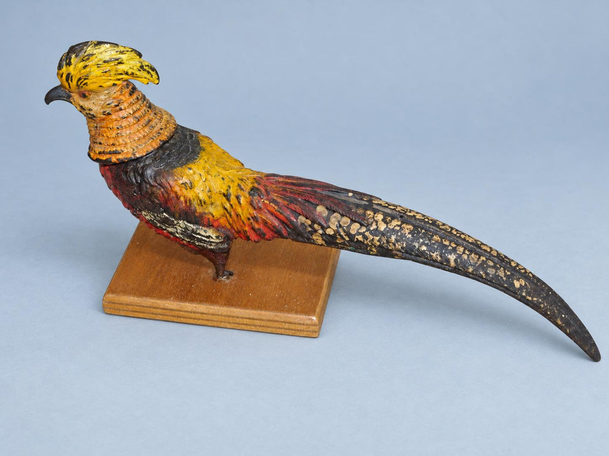 Vintage Cold-Painted Metal Golden Pheasant Figure in the Viennese Tradition, Remounted on Wooden Base, 20 cm