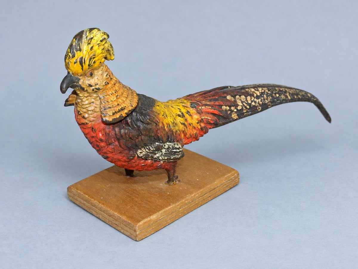 Vintage Cold-Painted Metal Golden Pheasant Figure in the Viennese Tradition, Remounted on Wooden Base, 20 cm