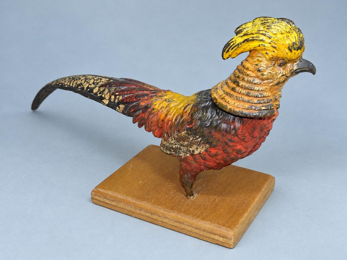 Vintage Cold-Painted Metal Golden Pheasant Figure in the Viennese Tradition, Remounted on Wooden Base, 20 cm