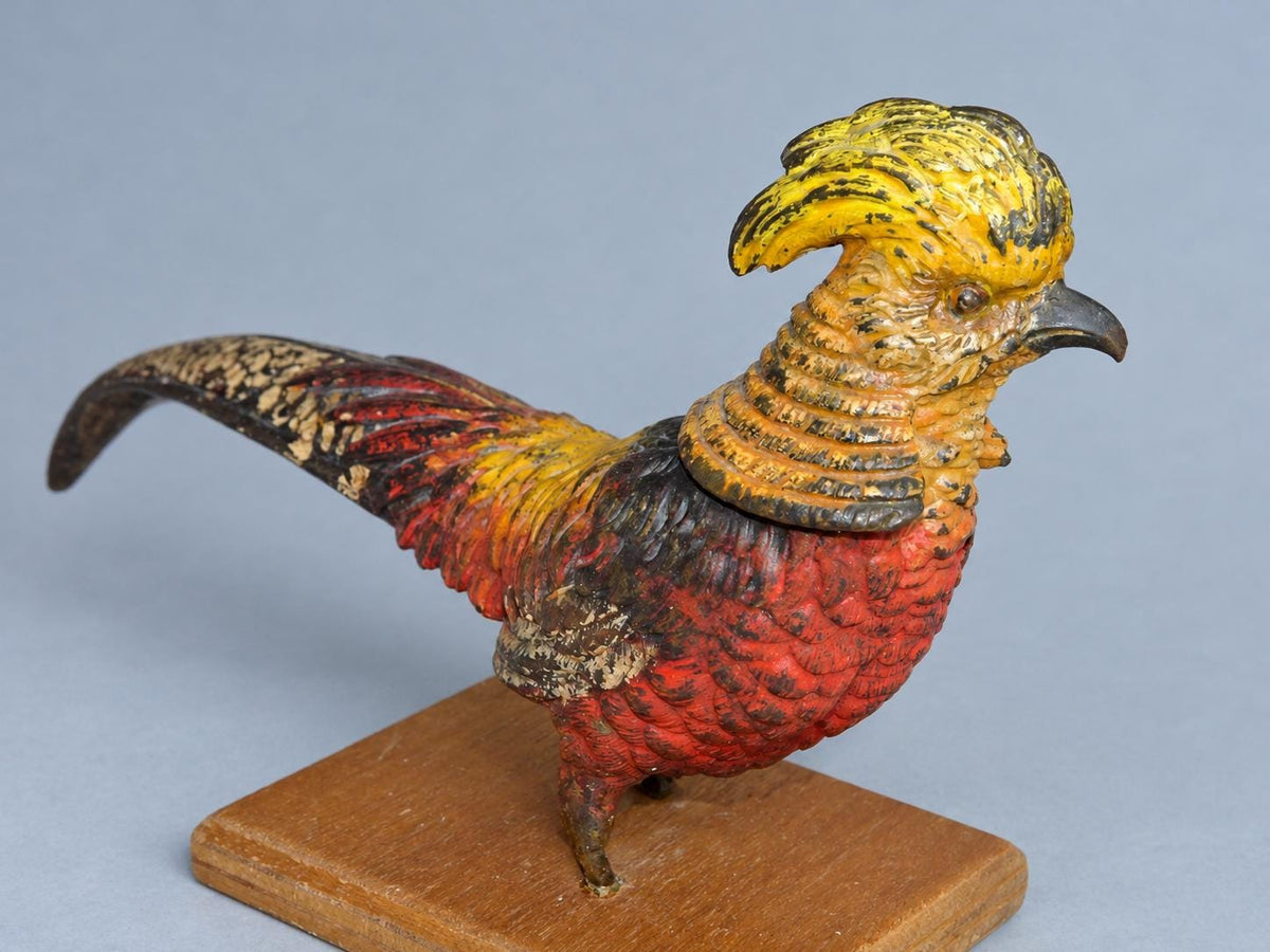 Vintage Cold-Painted Metal Golden Pheasant Figure in the Viennese Tradition, Remounted on Wooden Base, 20 cm