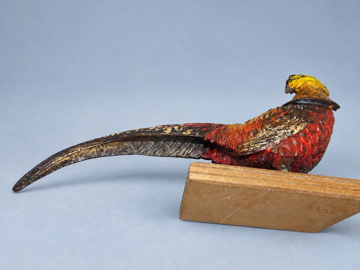 Vintage Cold-Painted Metal Golden Pheasant Figure in the Viennese Tradition, Remounted on Wooden Base, 20 cm