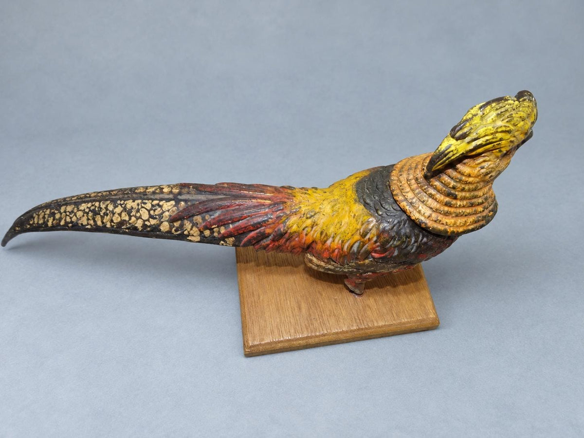 Vintage Cold-Painted Metal Golden Pheasant Figure in the Viennese Tradition, Remounted on Wooden Base, 20 cm
