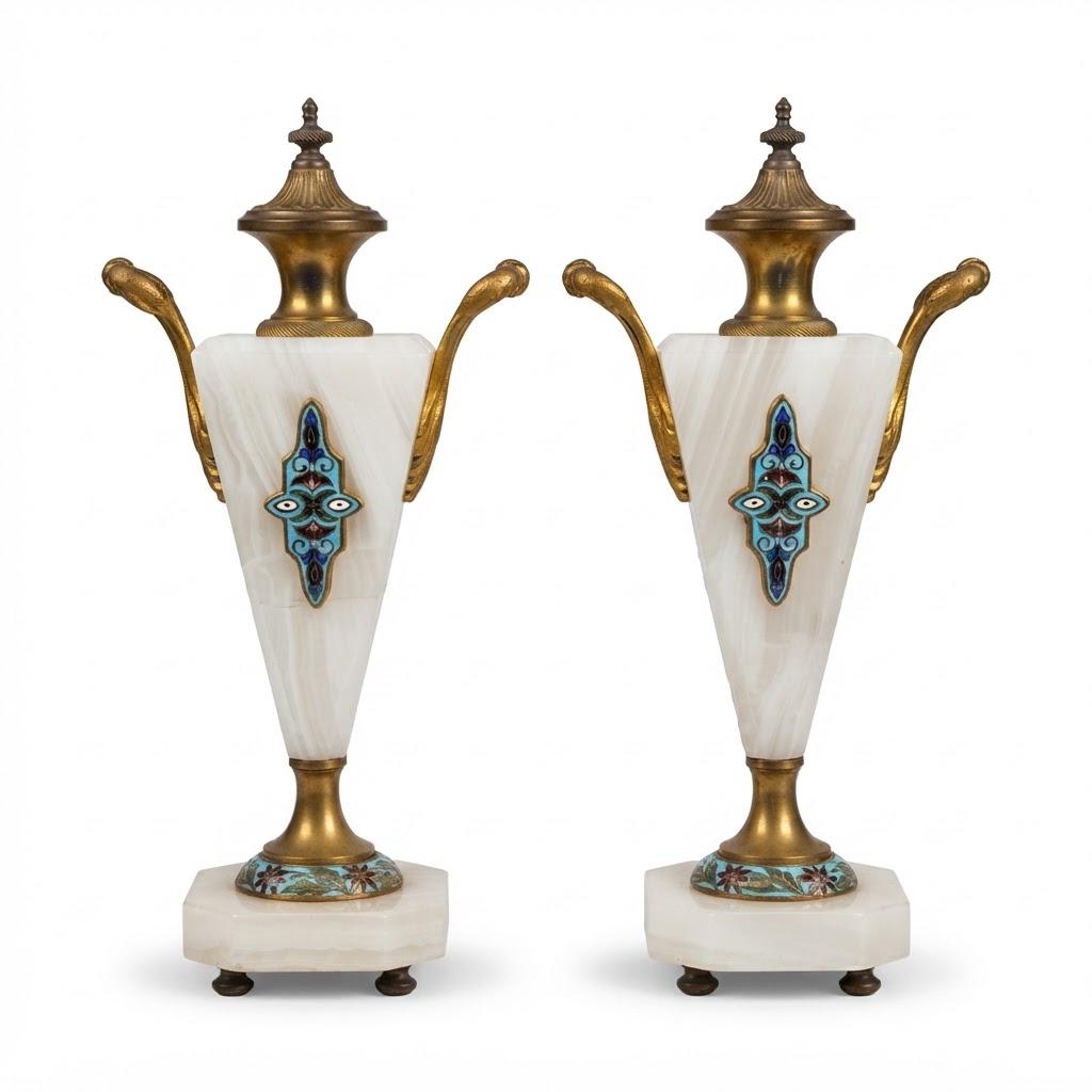 Vintage Pair of Cassolettes, White Banded Stone Urns with Enamel Medallions and Gilt Metal Mounts, Attributed 19th Century, 29 cm