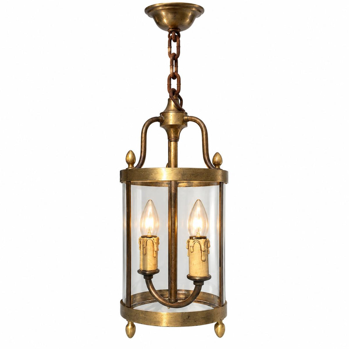 Vintage Round Brass Hall Lantern with Curved Glass, Acorn Finials and Bun Feet, Two Lights, 65 cm