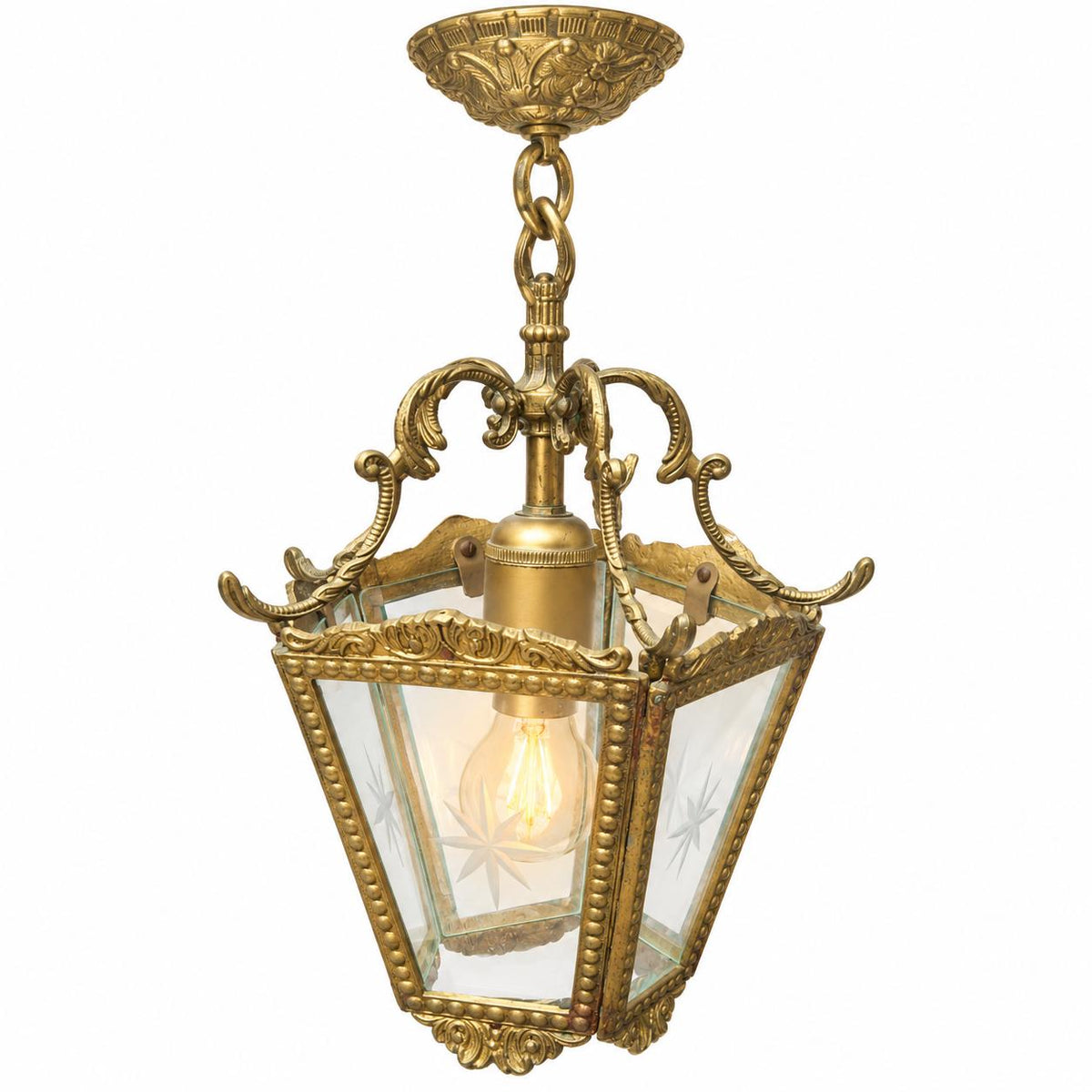 Vintage Five-Sided Hall Lantern, Star-Etched Glass, Beaded Brass-Tone Frame and Scroll Crown, Restoration Project