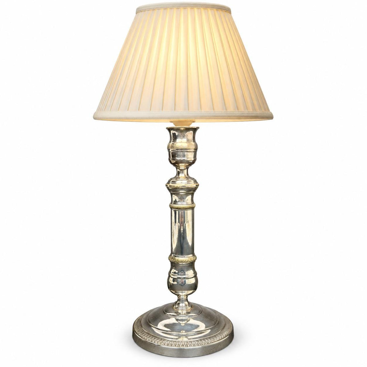 Vintage Empire Consulat Style Candlestick Table Lamp, Silver-Tone Metal with Leaf Bands, Attributed 19th Century, Sold Without Shade