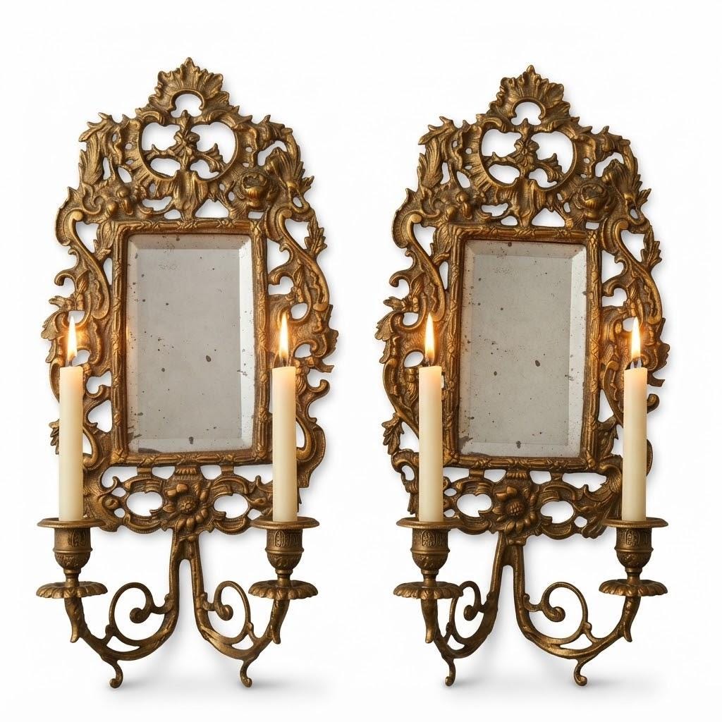 Pair of Bronze Mirror Candle Sconces, Louis XV Rocaille Style, Bevelled Rectangular Mirrors and Floral Openwork, 41 cm