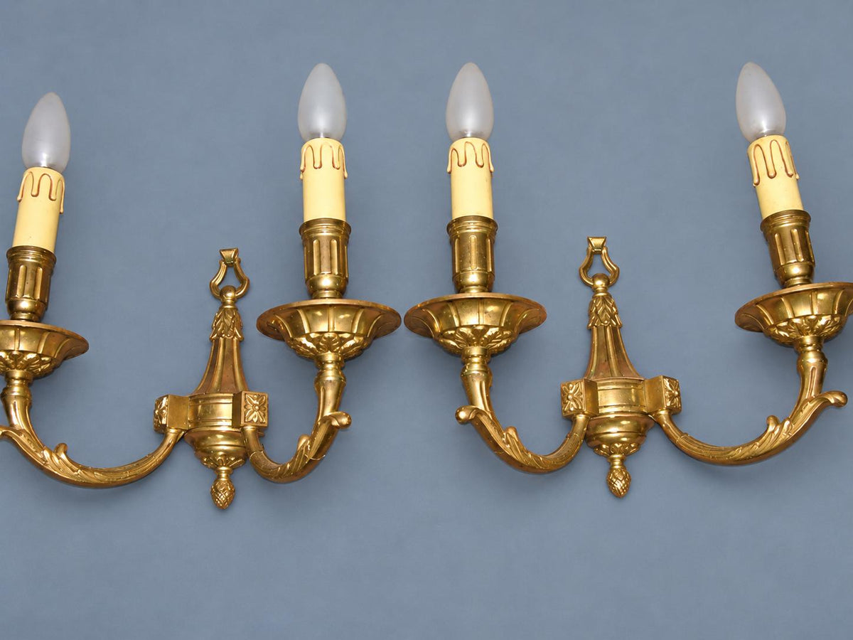 Vintage Pair of Louis XVI Style Gilt Metal Wall Sconces, Ring-Topped Baluster Backplates with Rosettes, Attributed Early 20th Century