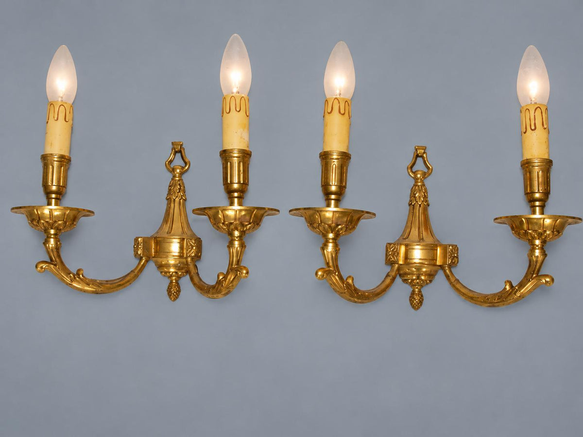 Vintage Pair of Louis XVI Style Gilt Metal Wall Sconces, Ring-Topped Baluster Backplates with Rosettes, Attributed Early 20th Century
