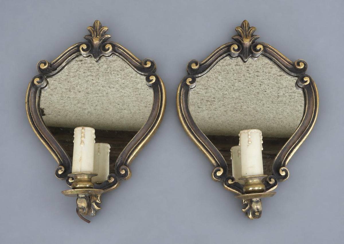Vintage Pair of Single-Light Mirror Wall Sconces, Cartouche-Shaped Mirrors in Two-Tone Metal Frames with Palmette Crests, 29 cm