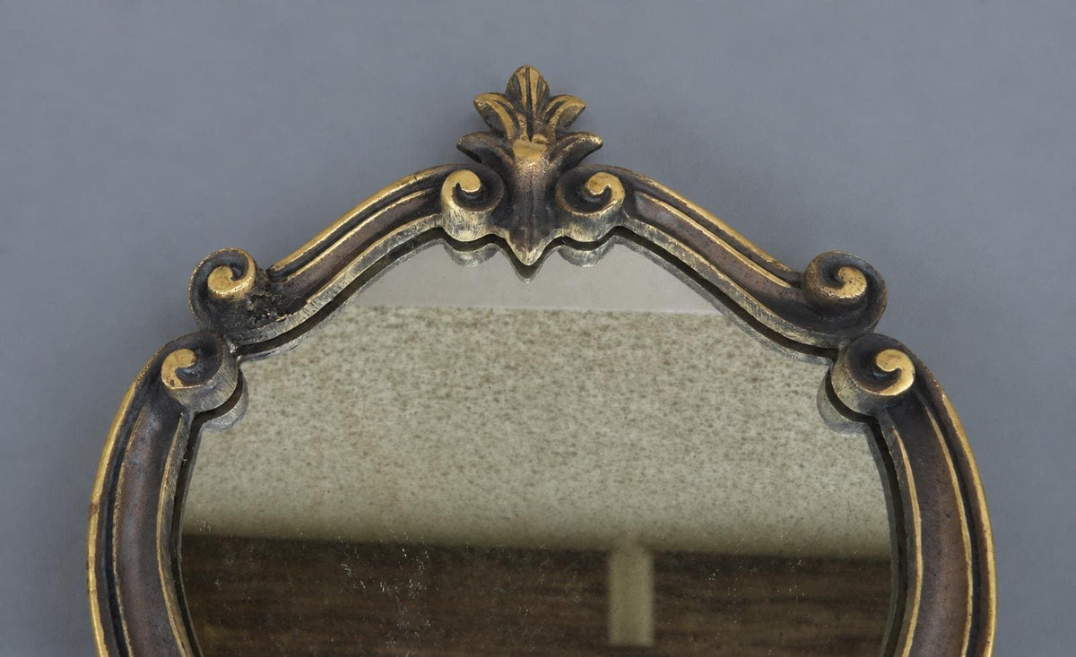 Vintage Pair of Single-Light Mirror Wall Sconces, Cartouche-Shaped Mirrors in Two-Tone Metal Frames with Palmette Crests, 29 cm